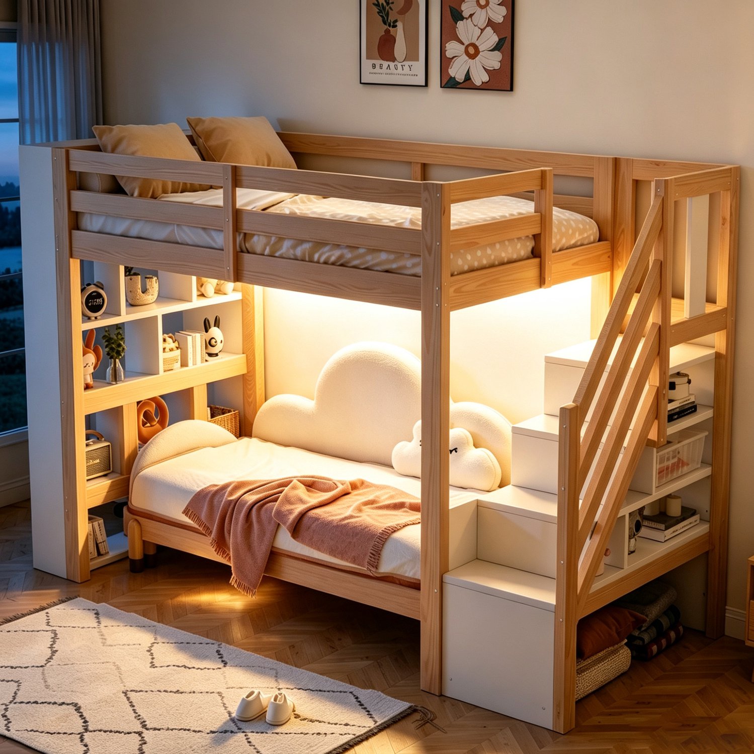 MODENUIT Hoogslaper – 90 x 200 cm Met Opbergrek en Ledverlichting – Hout en MDF – Naturel en Wit – Eenpersoons