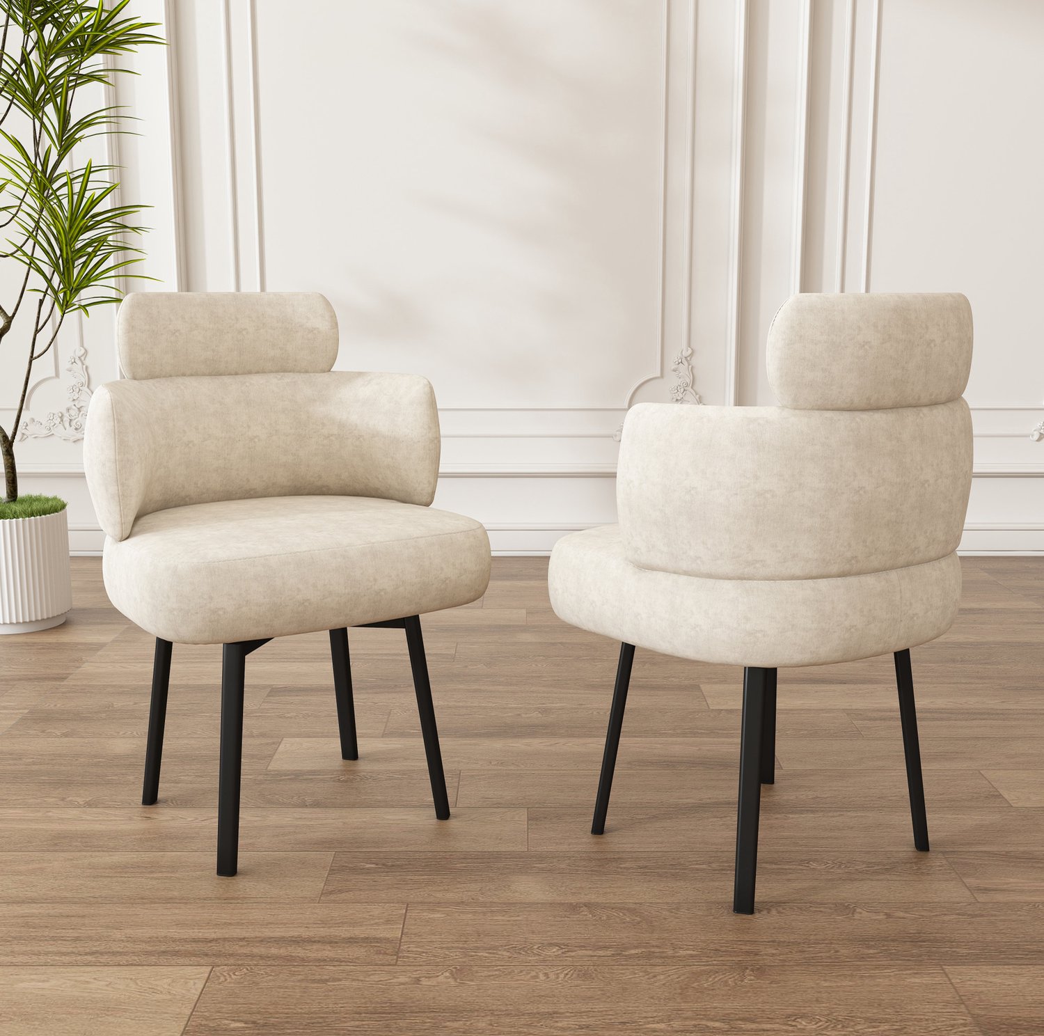 OKWISH Eetkamerstoel - 360° Draaibaar - Armleuningen - Chenille - Crèmewit Crème wit