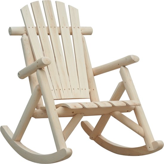Houten schommelstoel met hoge rugleuning van lamellen en ronde armleuningen, natuurlijke afwerking.