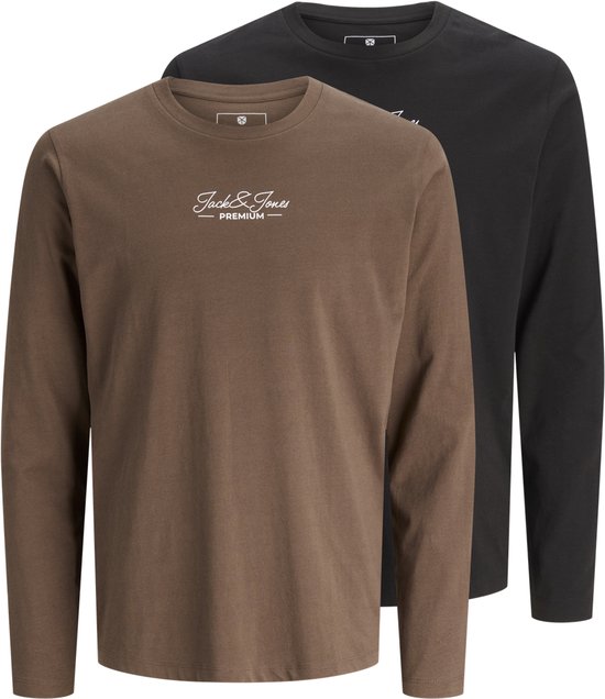 Twee T-shirts met lange mouwen in bruin en zwart, voorzien van een wit 'Jack & Jones PREMIUM' logo op de borst.