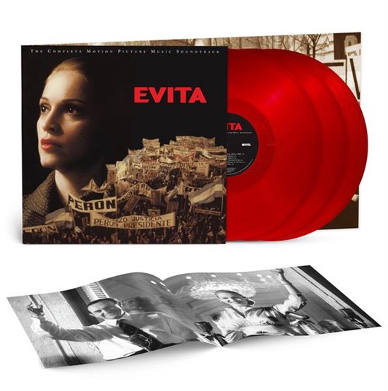 Coffret vinyle rouge Evita avec Madonna sur la pochette et livret photos en noir et blanc.