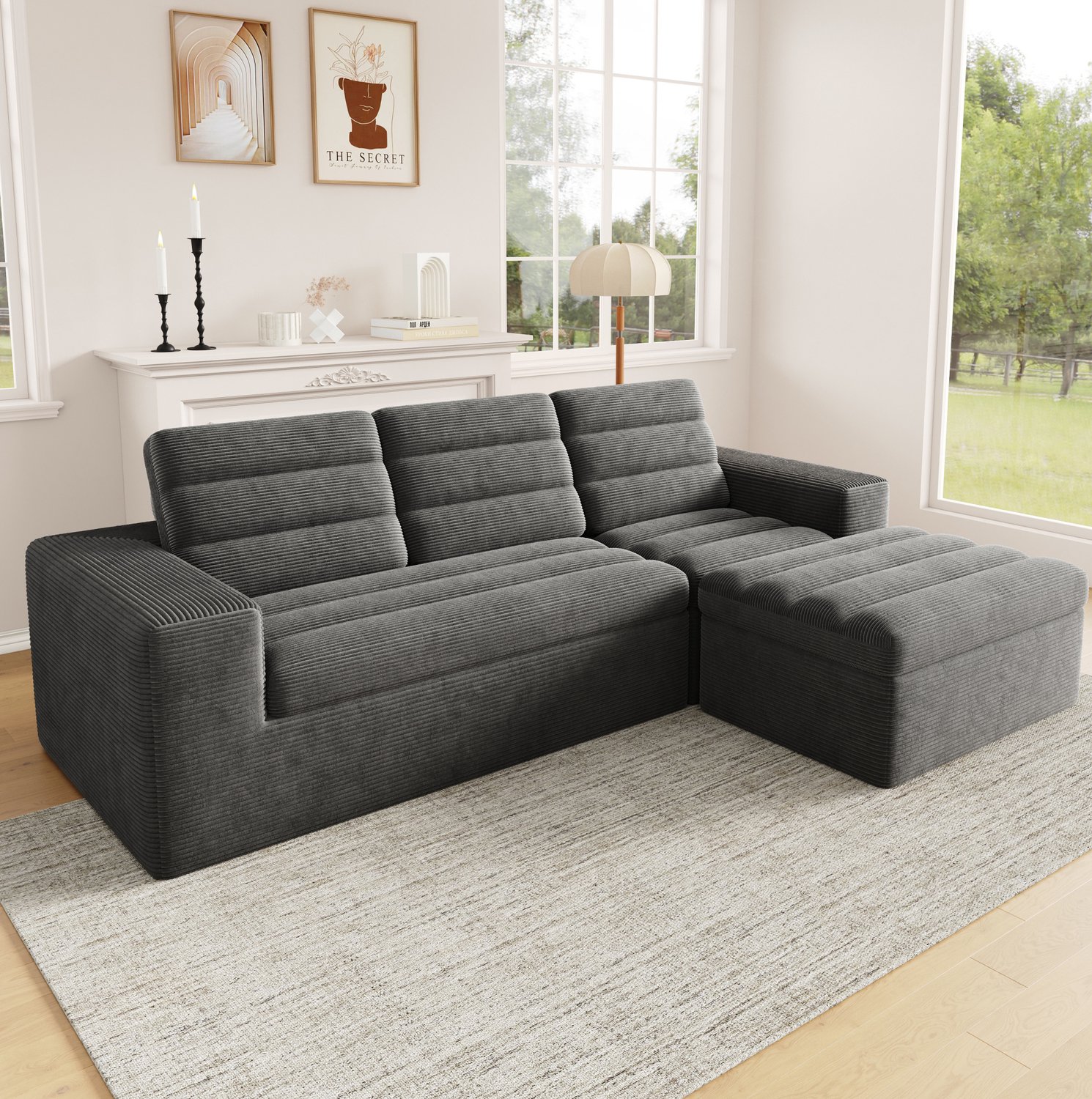 Wishdor Modulaire hoekbank met hocker - Frameloos ontwerp - Zachte ribfluwelen bekleding - Flexibel opstelbaar - Voor woonkamer en appartement - Donkergrijs - 253 x 161 x 89 cm