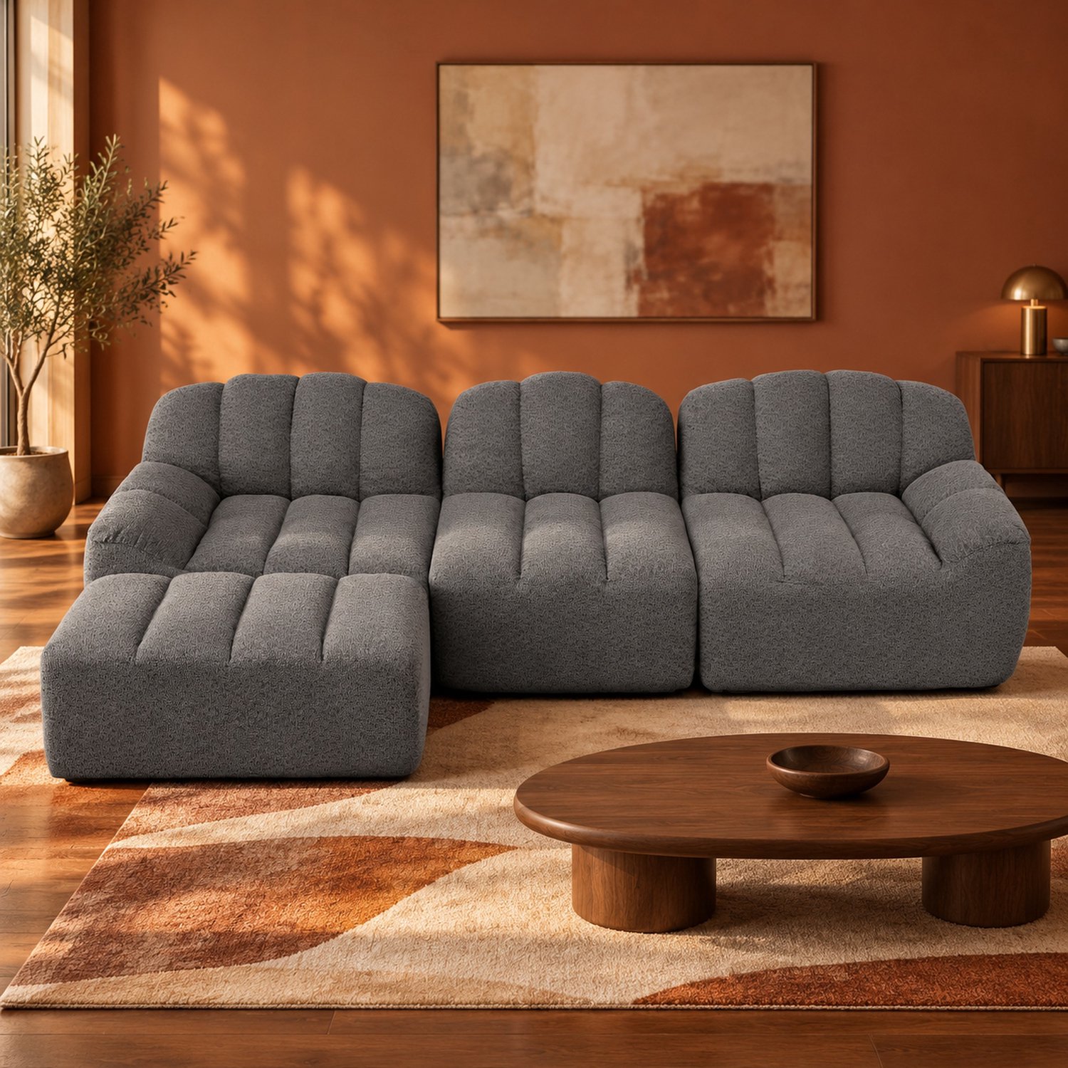 WUVRIE Modulaire hoekbank 288x165 cm - 3-zits met hocker en 32D schuimvulling - Grijs