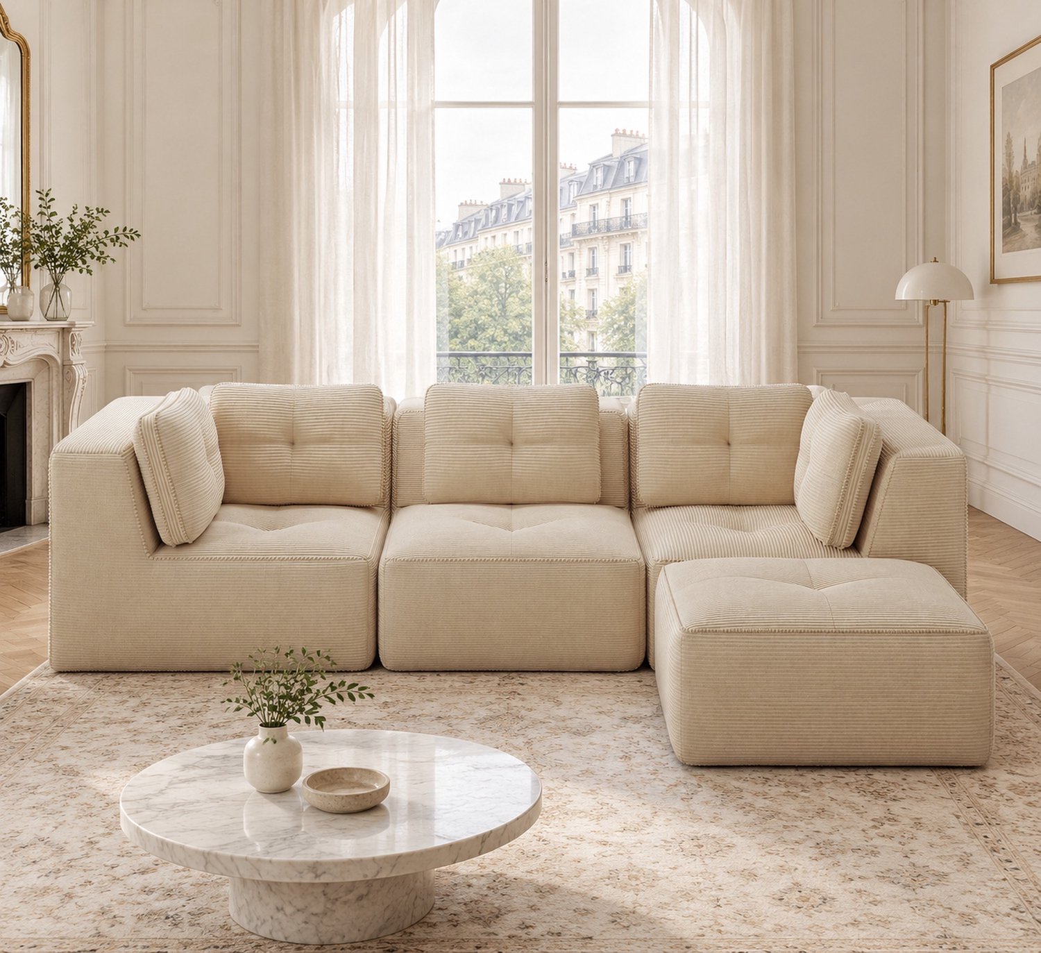 WUVRIE Modulaire hoekbank 297x177 cm - 3-zits met ottomane in ribfluweel - Beige