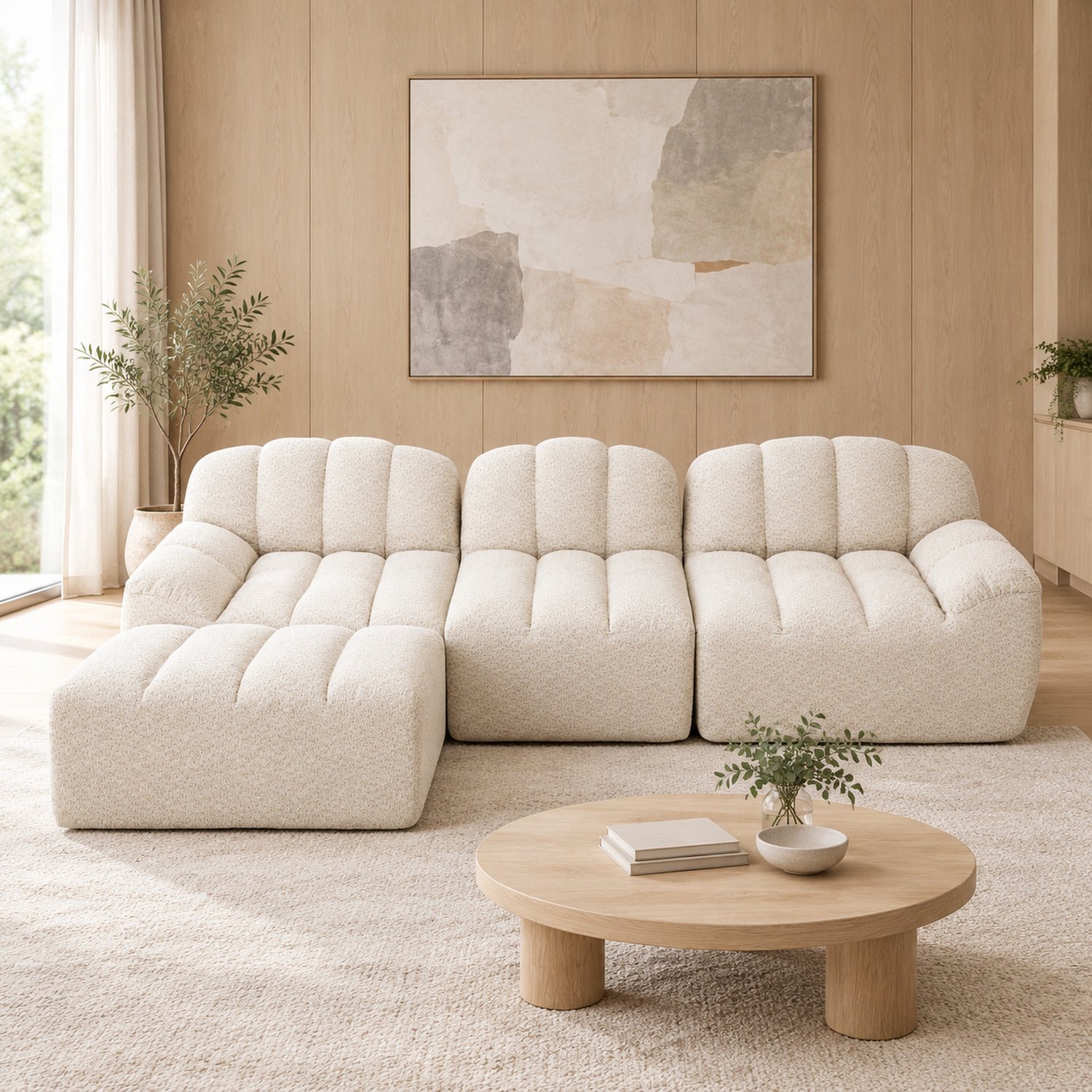 WUVRIE Modulaire hoekbank 288x165 cm - 3-zits met ottoman en 32D schuimvulling - Beige/wit Beige wit