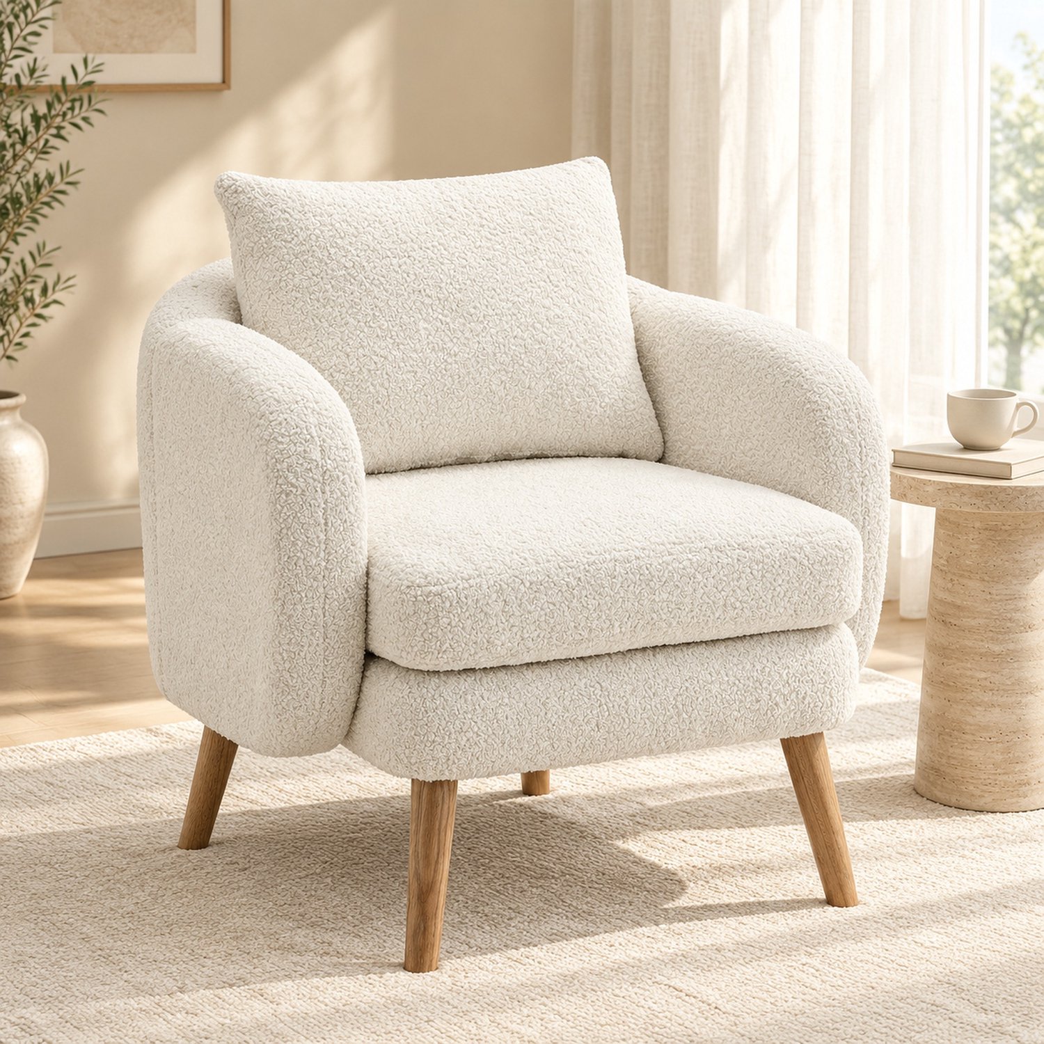 WUVRIE Fauteuil 71 x 72 x 71 cm - Teddyfluweel met rugkussen - Wit