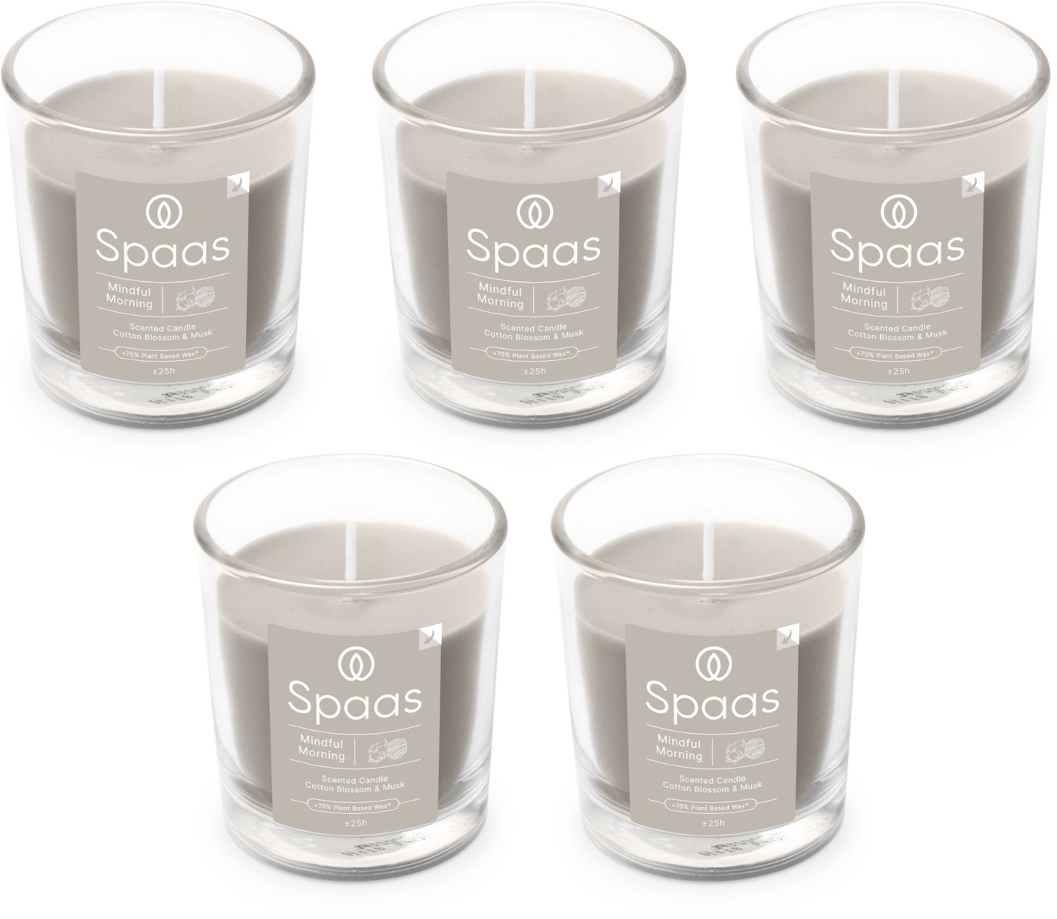SPAAS Geurkaars in glas - Set van 5 kaarsen - Katoenbloesem en Muskus - circa 25u - Mindful Morning Lichtgrijs