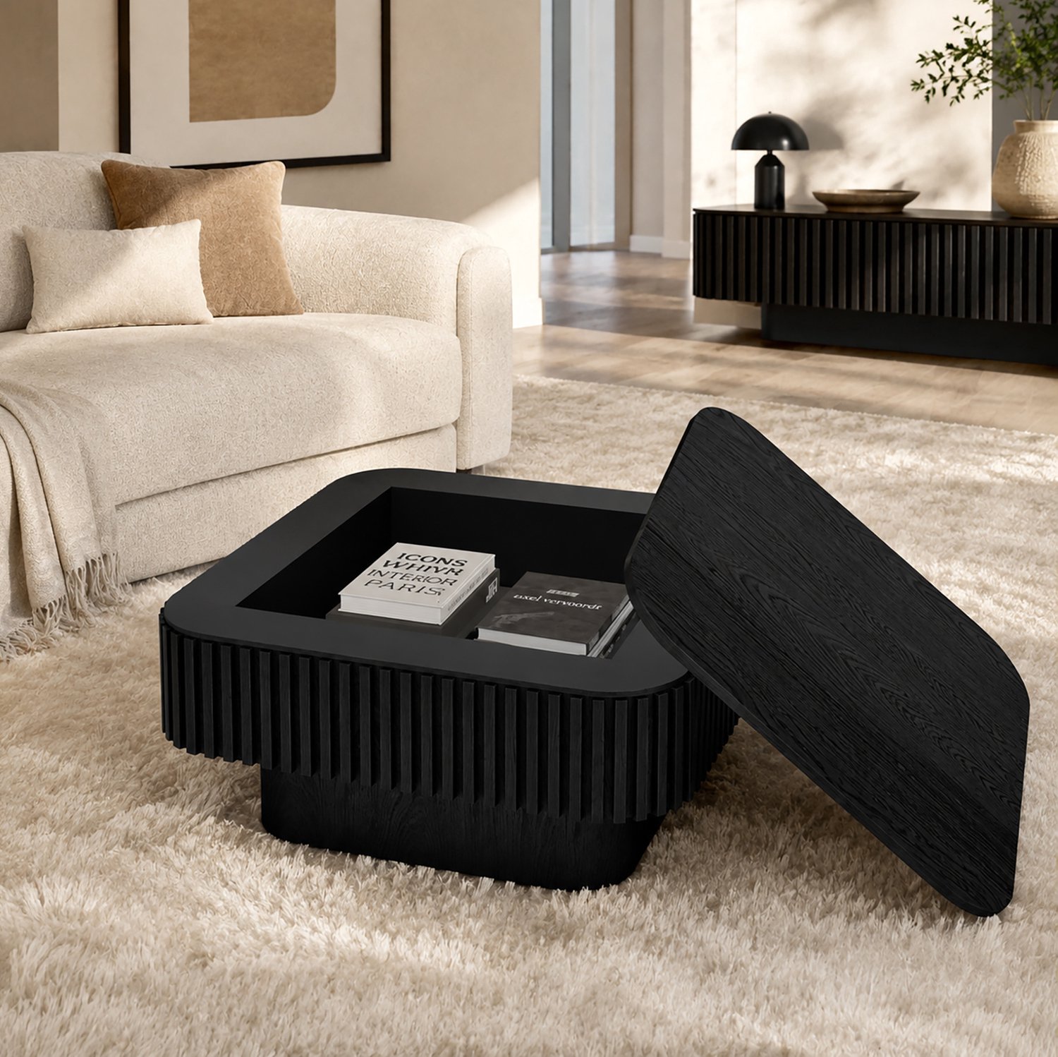 MIVRAY Salontafel - Vierkant Met Verborgen Opbergruimte - Voor Woonkamer Of Kantoor - MDF - 75 X 75 X 35 Cm - Zwart