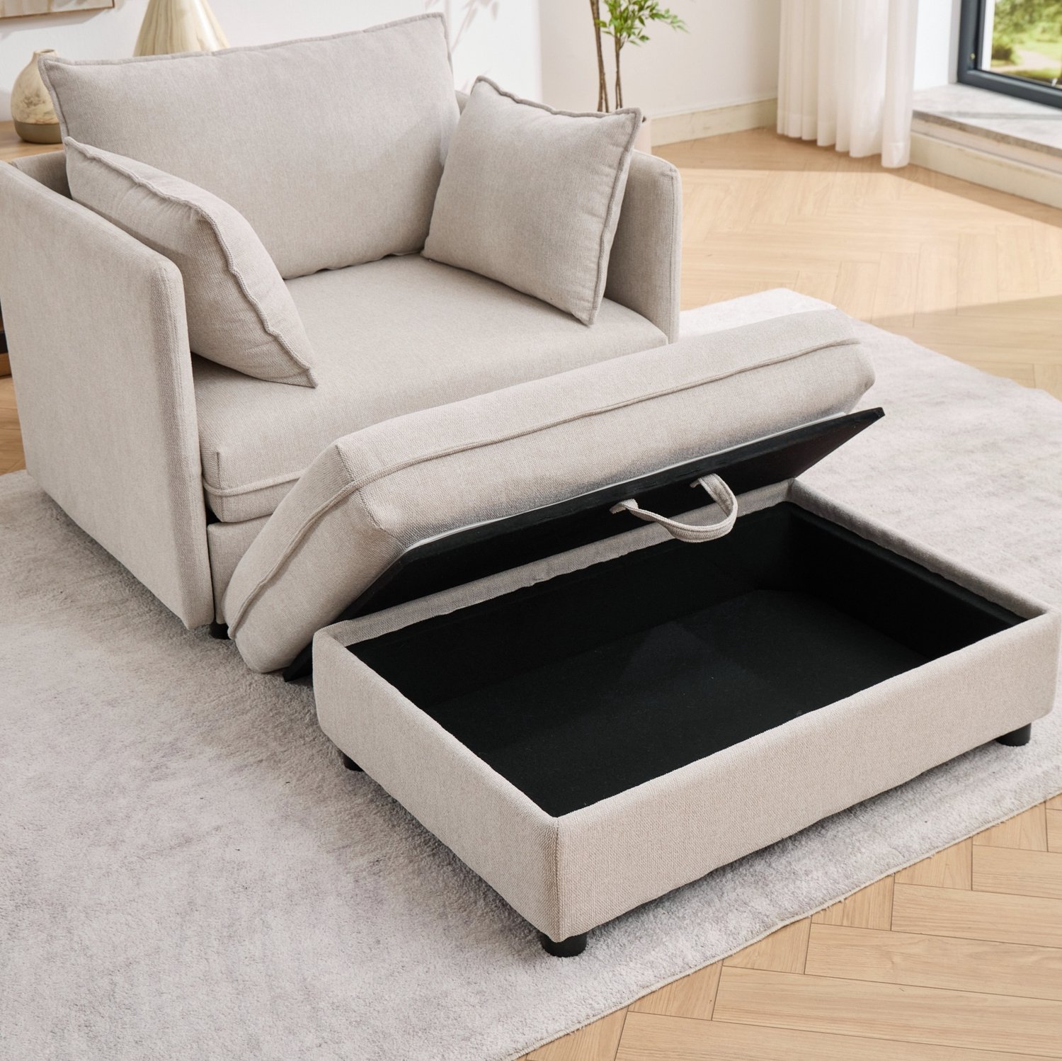 FloraGrace Fauteuil 1-Zits - Met Opberghocker Voor Flexibele Indeling - Ideaal Voor Kleine Woonruimtes - Fluweel - Beige