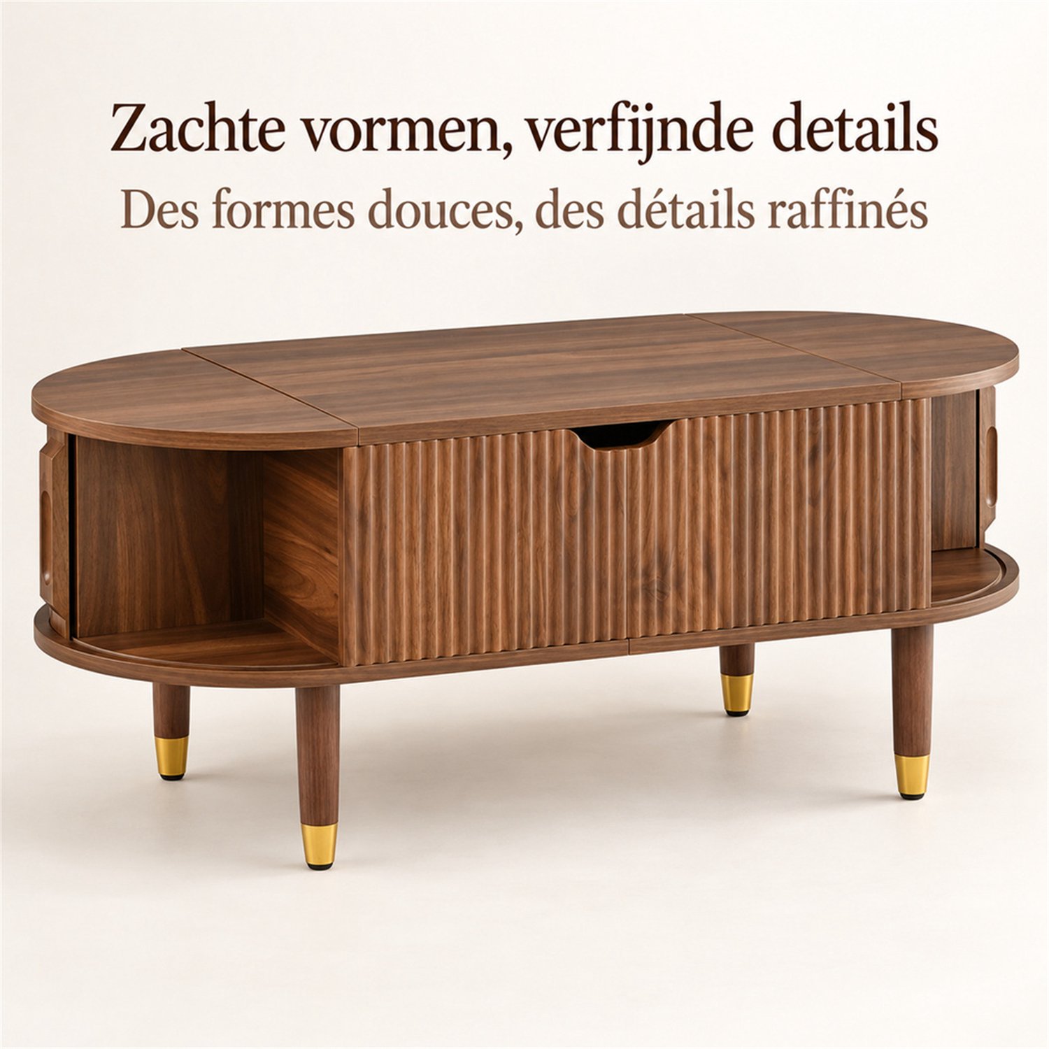 LONG DRAGON – Salontafel – Hydraulisch liftblad en 2 geribbelde schuifdeuren – Walnootkleur – 110 × 48 × max. 57 cm