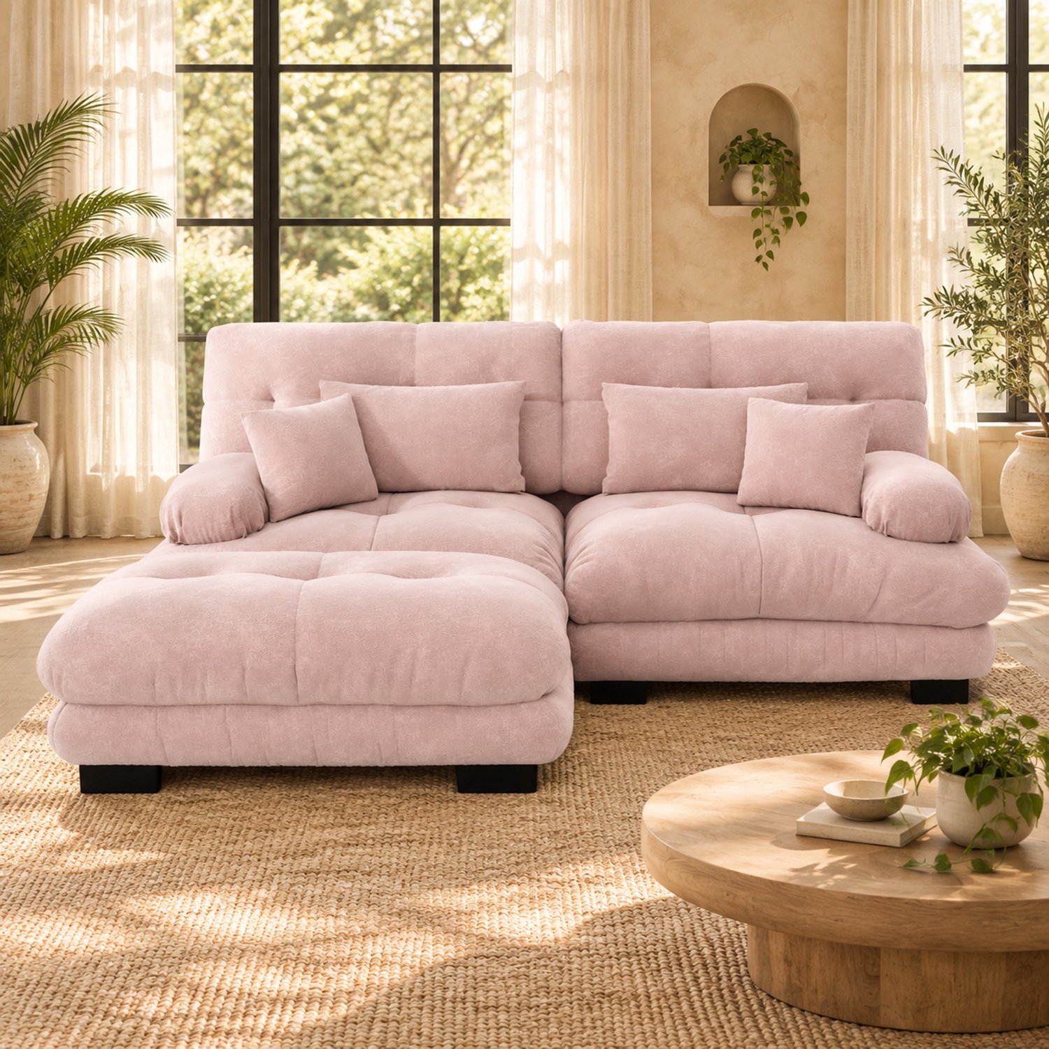 WUVRIE Hoekbank 220x145 cm - Modulair met verplaatsbare ottomans en 4 kussens - Roze chenille