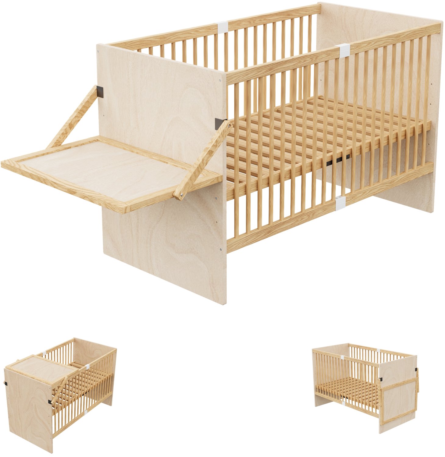 Babybed Met Commode - 140 x 70 x 95 cm - Inklapbare Verschoontafel - Lattenbodem Met 4 Hoogtestanden - Massief Grenenhout - Naturel