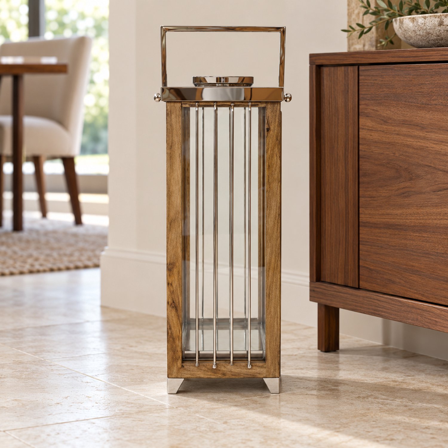 Hoppa! Hoge lantaarn met verticale metalen strips - Naturel/Chroom - 23 x 23 x 66 cm (B x D x H)
