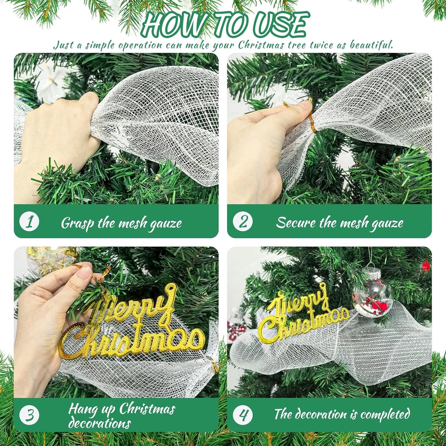 Kerstlint - 25 cm * 9,1 m - DIY Kerstboom mesh rol scène lay-out - mesh lint - Kerstdecoratie - Kerst mesh lint rol - feestdecoratie - mesh lintrol - vaak gebruikt voor het versieren van slingers, kerstbomen en geschenkverpakkingen - wit zilverdraad – foto 5