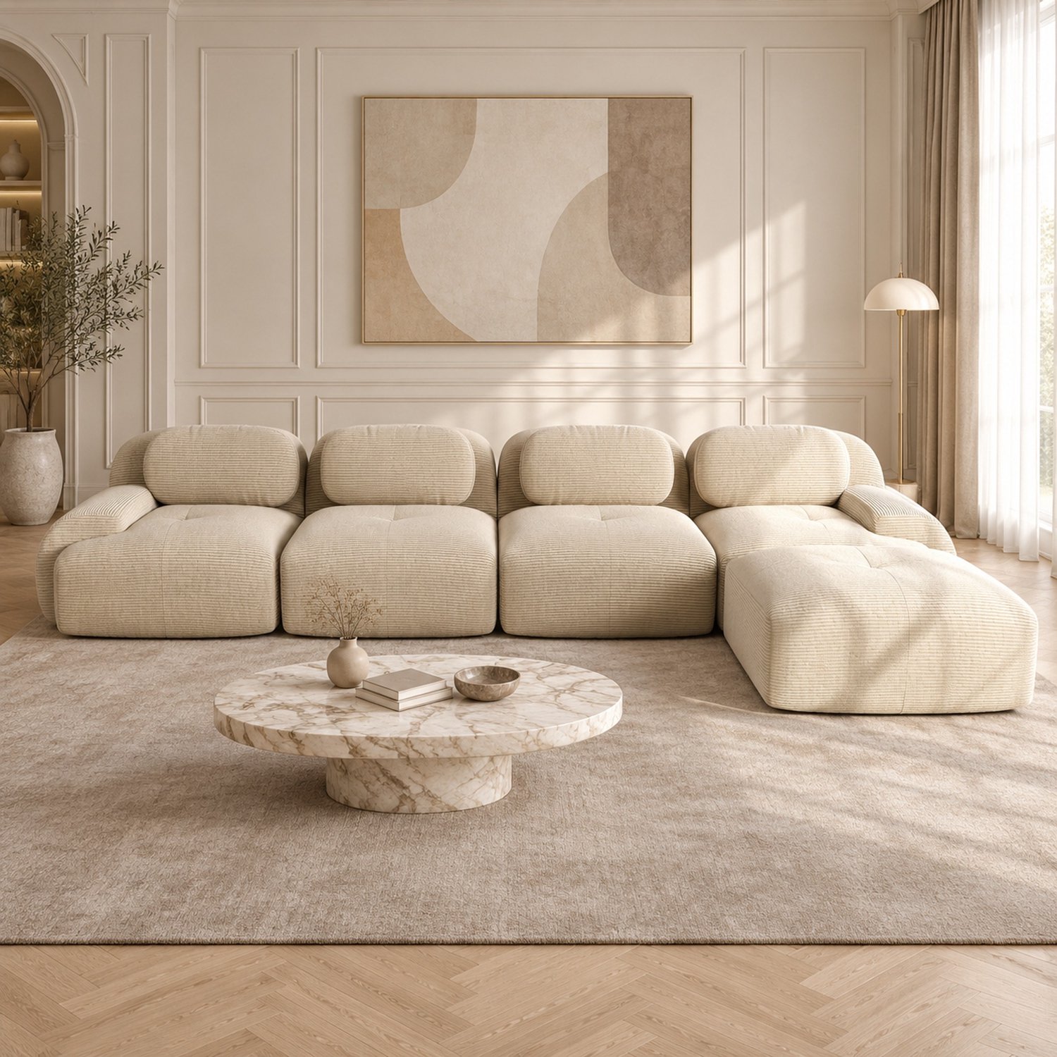 WUVRIE Modulaire 4-zits hoekbank 388x178x70 cm - Chaise longue rechts en ribfluweel - Beige