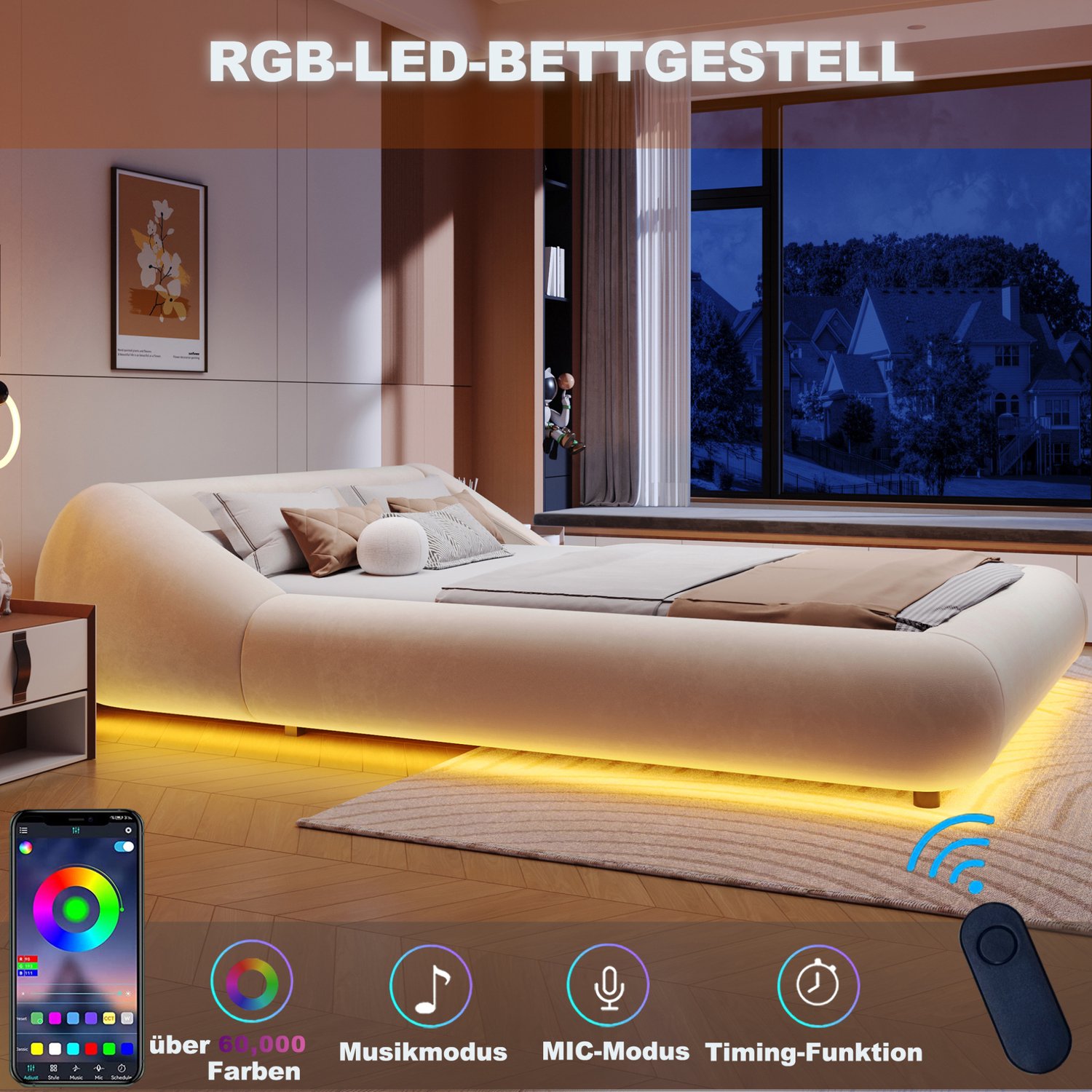 DESMIU Gestoffeerd Bed 140x200 cm – LED Verlichting – Zwevend Bedframe – Lattenbodem – voor Volwassenen – Fluweel – zonder Matras – Beige