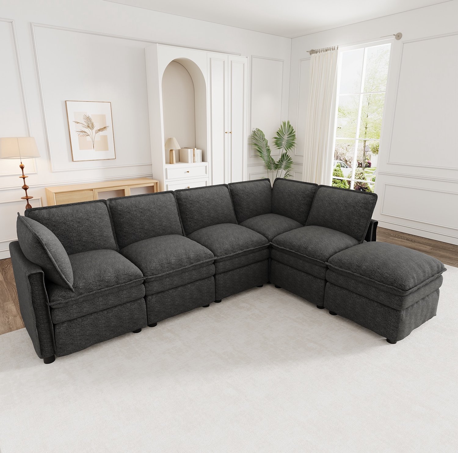 Wishdor Modulaire hoekbank met slaapfunctie - U- of L-opstelling - Beweegbare hocker - Extra diepe zitting - Modern design - Woonkamer kantoor - Chenille - Grijs - 344 x 127 x 91 cm