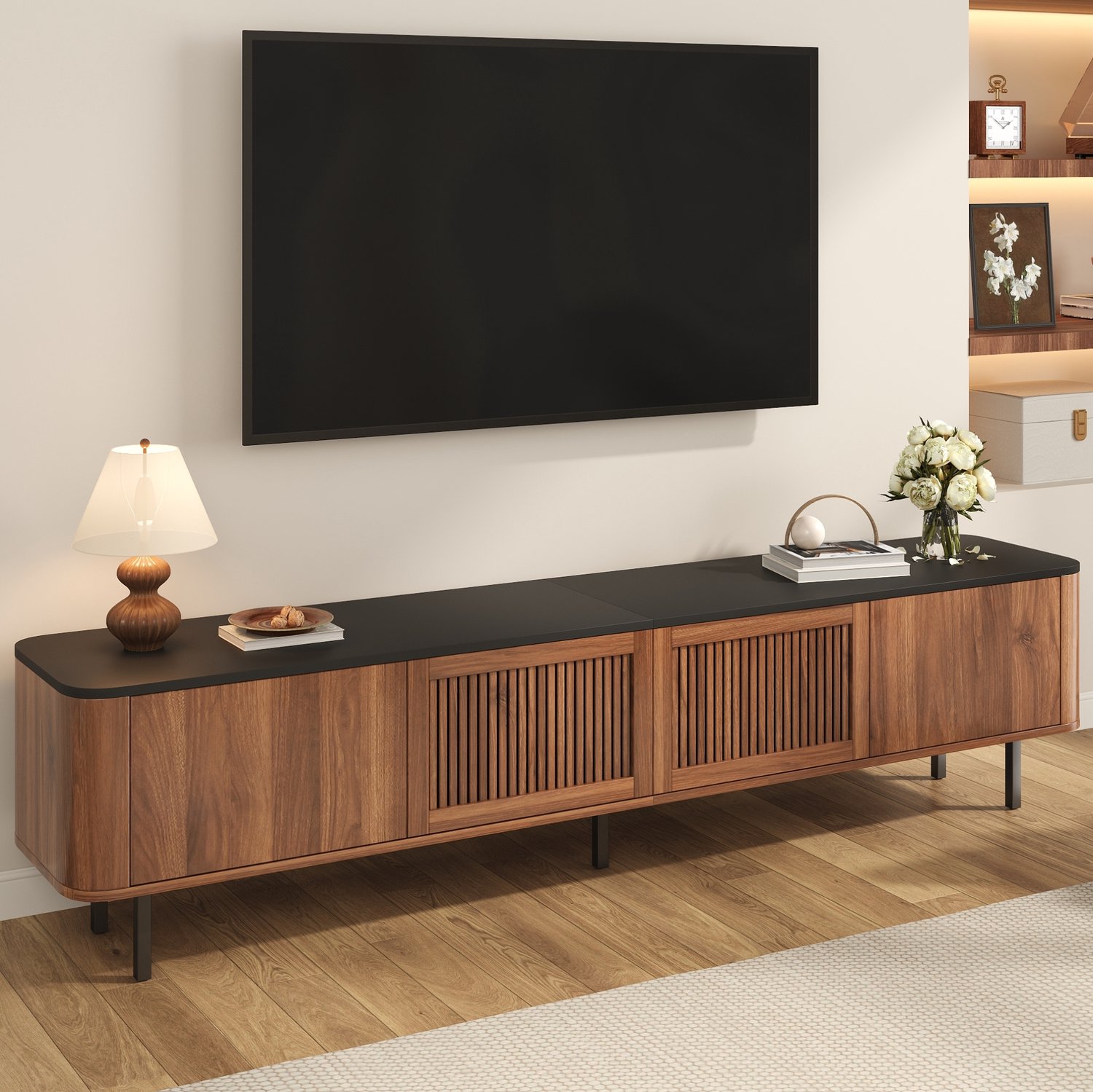 Maisentiel TV-meubel 190 cm met roosterdeuren - MDF en spaanplaat - walnoot/zwart