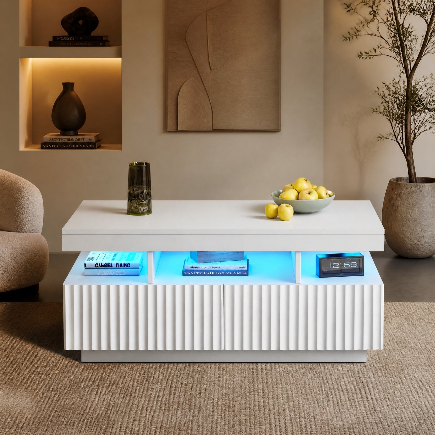 Maisentiel Salontafel 100 x 50 x 45 cm met 2 lades, appgestuurde LED, spaanplaat, wit