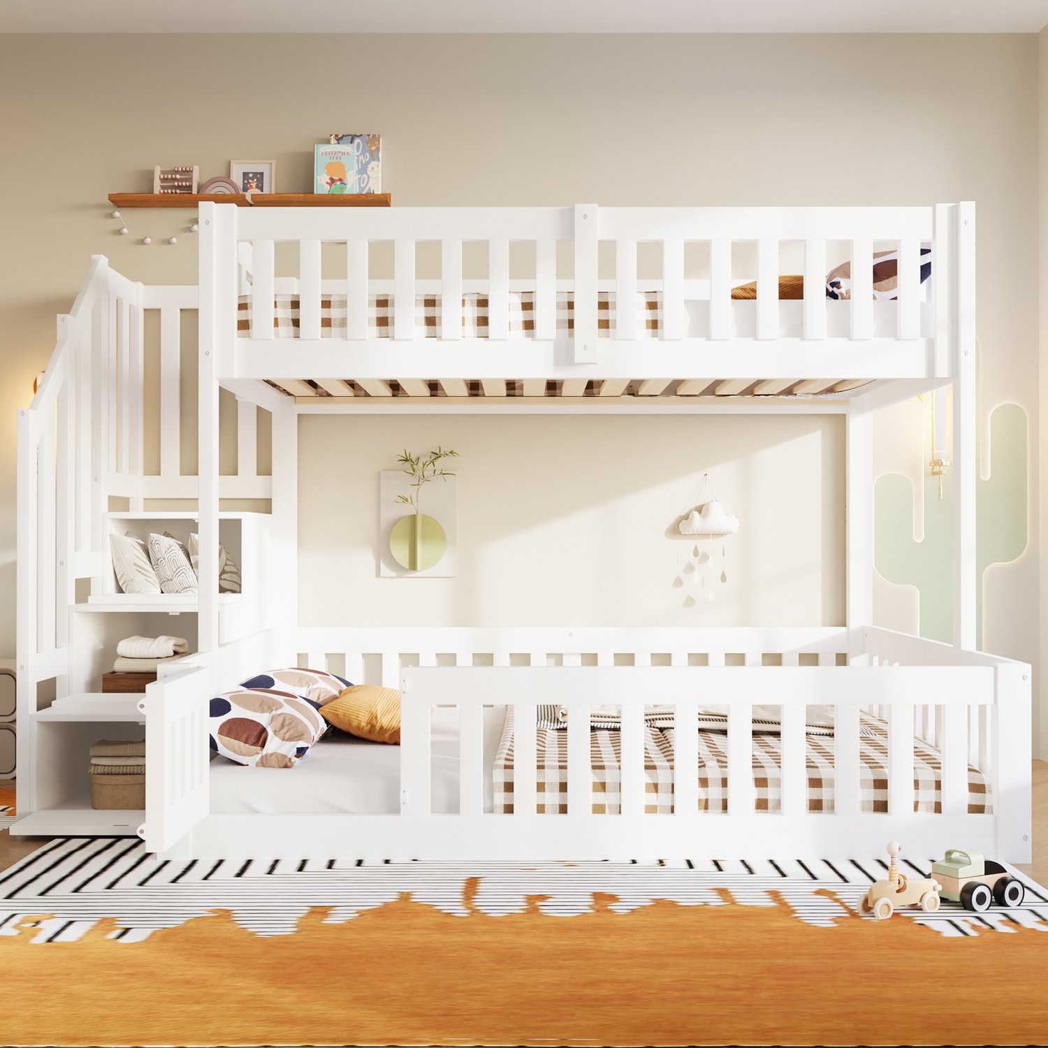 Sweiko Hoogslaper - 90 × 200 cm & 140 × 200 cm - Kinderbed - Houten bedframe - Met opbergruimte - Veiligheidshek - Wit