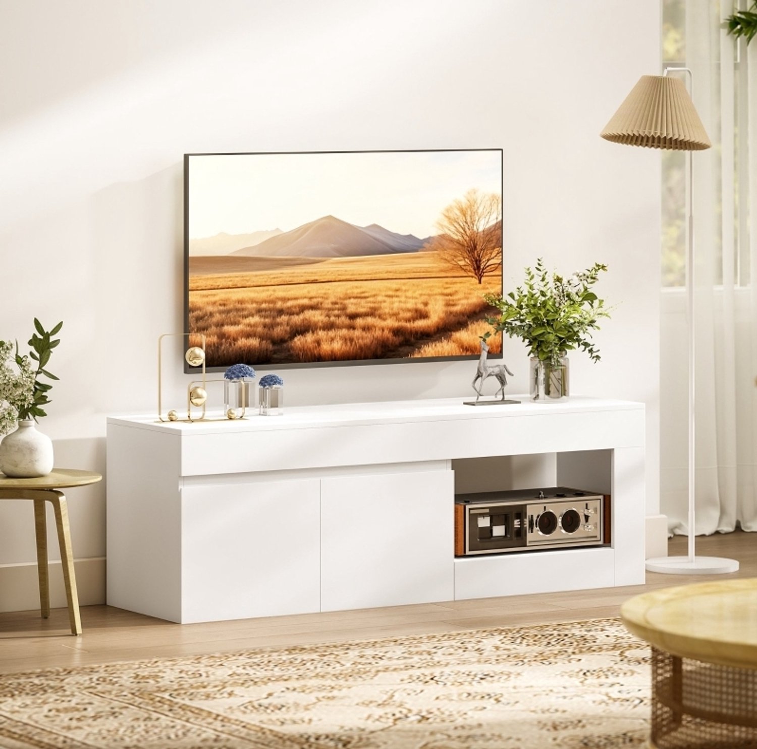 MIVRAY Televisiekast - Modern Wit Meubel Met Twee Deuren En Open Vak - Voor Televisies Tot 60 Inch - Spaanplaat - 140x40x48 Cm