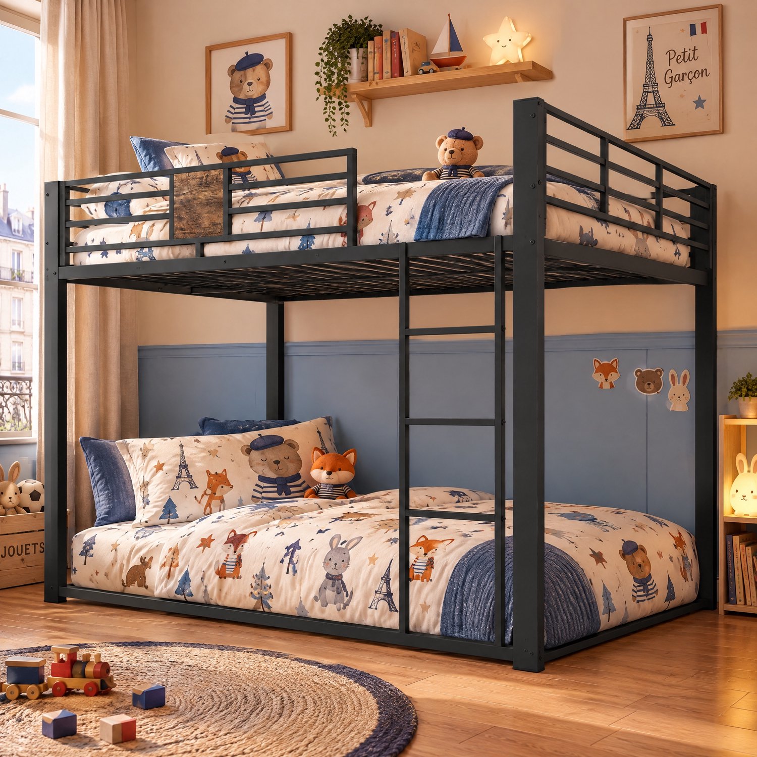 Zubaliya Metalen stapelbed - 140 x 200 cm - Zwart - Flexibele ladder en houtlook