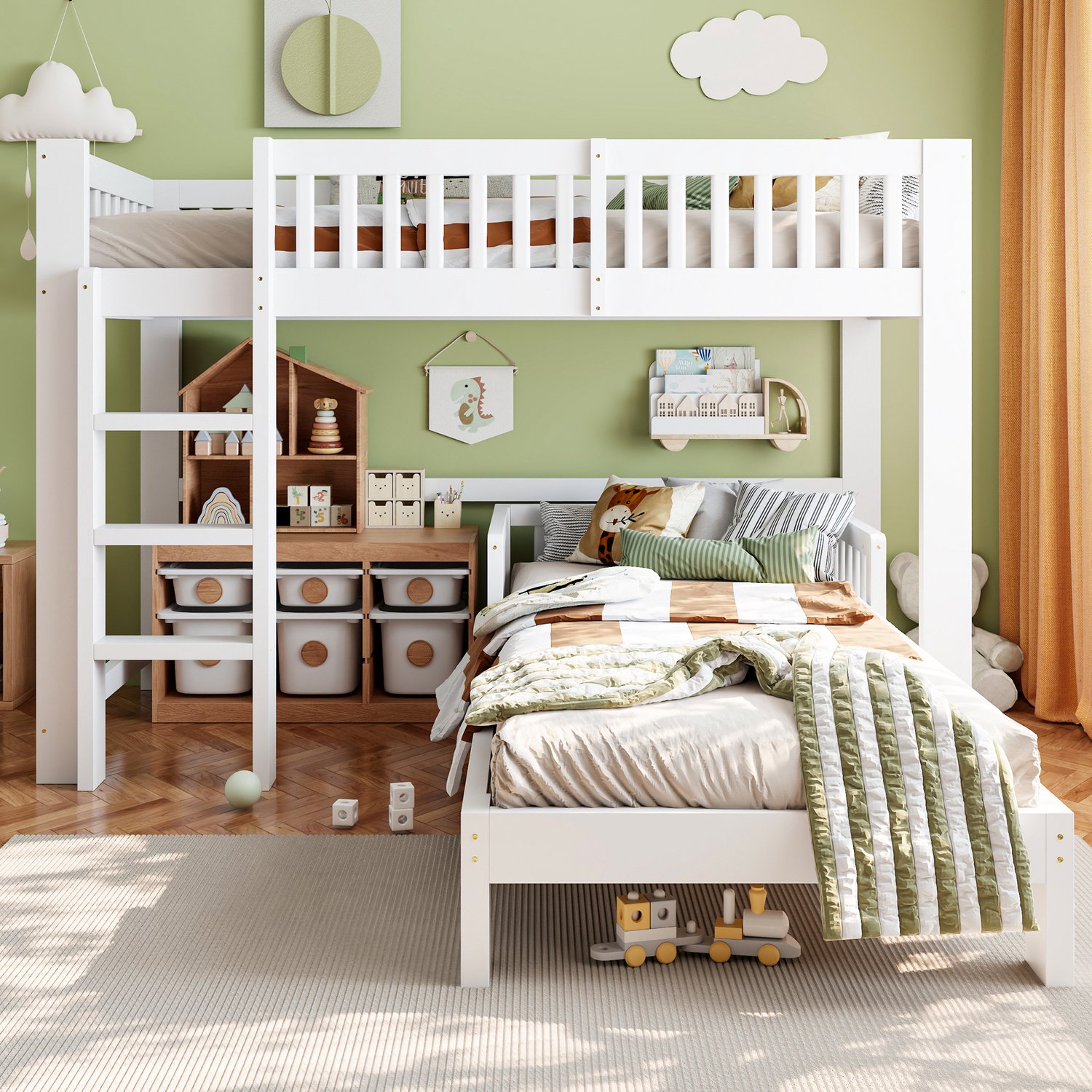 Modulair massief houten kinderbedset 90x200 cm, hoogslaper + eenpersoonsbed vrij te combineren, diverse opbouwvarianten, valbeveiliging, afgeronde randen, kinderkamer voor broers en zussen, wit
