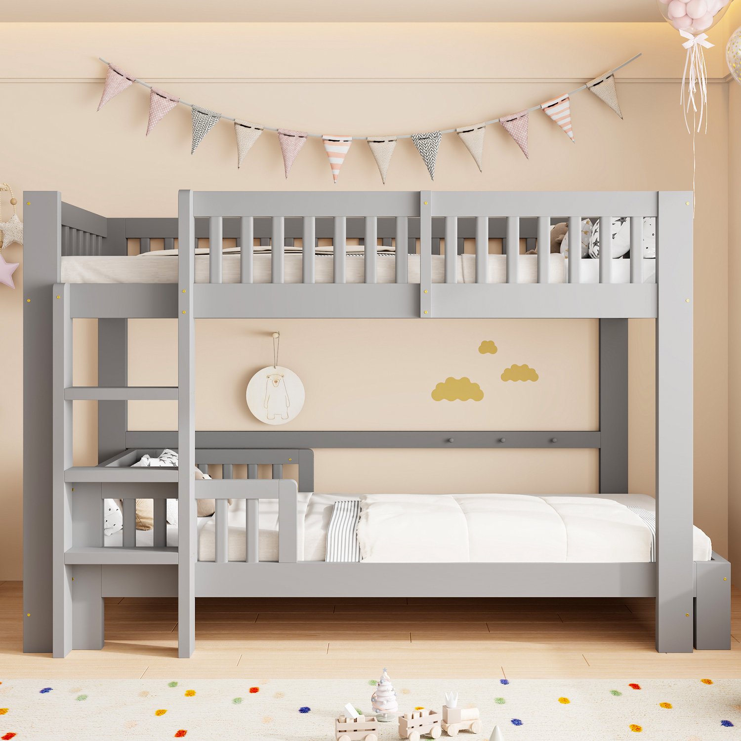 OOIILLEE Modulair massief houten kinderbedset 90x200 cm, hoogslaper + eenpersoonsbed vrij te combineren, diverse opbouwvarianten, valbeveiliging, afgeronde randen, kinderkamer voor broers en zussen, grijs