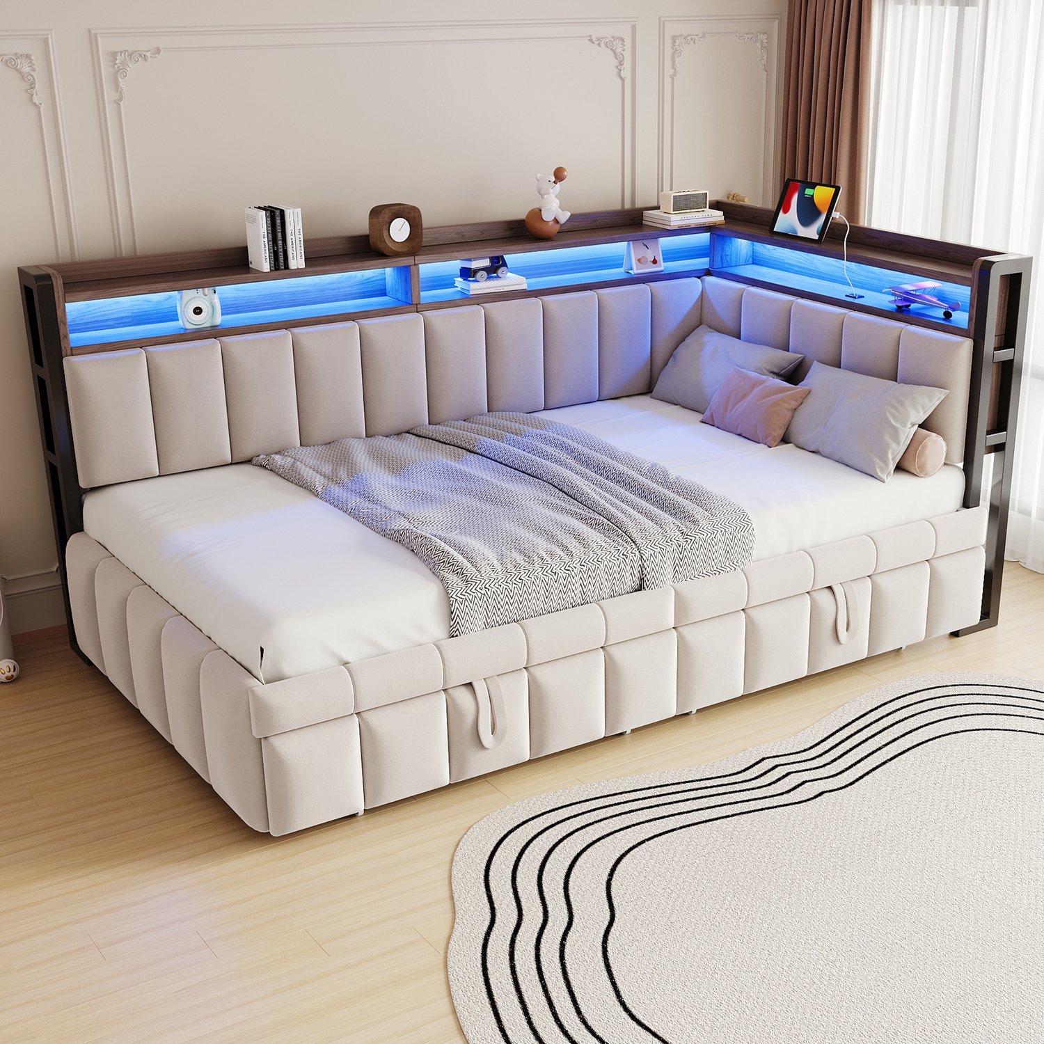OOIILLEE Slaapbank met matras 90x200 cm met uitschuifbed, LED-verlichting en opbergvakken aan het hoofd- en voeteneinde, uitgerust met USB- en Type-C-aansluitingen. Eenpersoons slaapbank, fluweelbeige