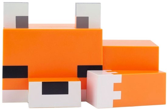 Minecraft vossenvormig nachtlampje van oranje en wit kunststof in pixelstijl, vooraanzicht.