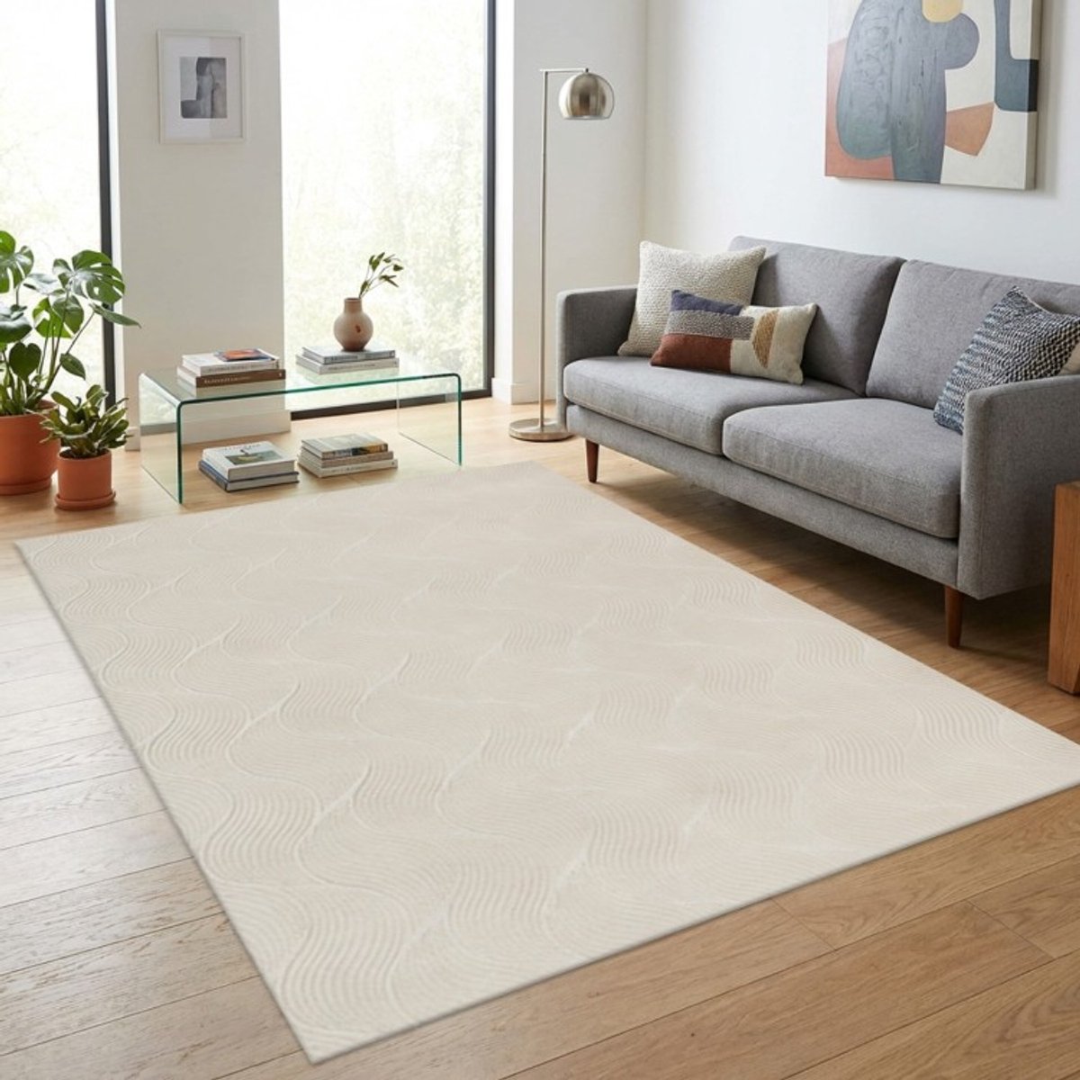 TapisTrend Designer tapijt Crème 200x280 cm Modern vloerkleed met fijne golvende lijnen in reliëf voor de woonkamer, slaapkamer en eetkamer Beige