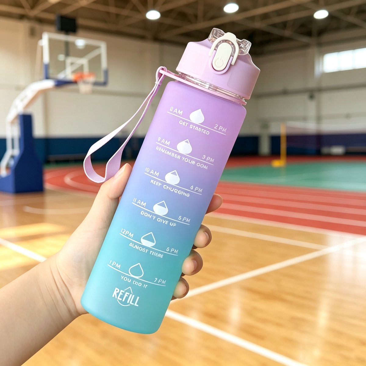 750 ml drinkfles met drinktijdindicator rietje en draaghandvat lekvrij en BPA-vrij zonder giftige stoffen sport en buiten drinkbeker afmetingen 6,5 x 24,5 cm paars met kleurverloop