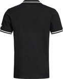 Achterkant zwart Lonsdale poloshirt met grijs gestreepte boorden aan de mouwen.