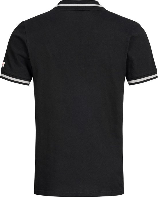 Achterkant zwart Lonsdale poloshirt met grijs gestreepte boorden aan de mouwen.