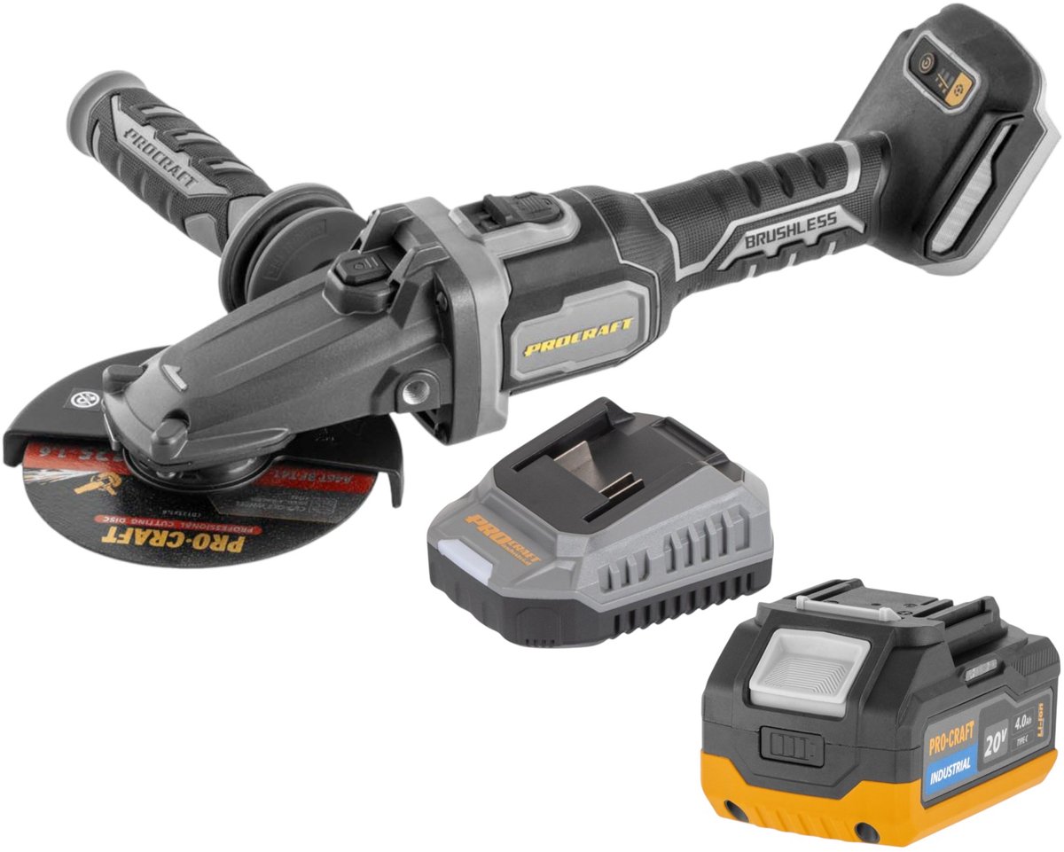 Procraft Industrial AG125Cbb accu-haakse slijper met platte kop 20 V 125 mm borstelloos Solo - zonder accu, zonder oplader