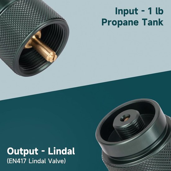 Propaan-naar-butaanadapter, 1 lb propaantankingang en EN417 Lindal-klepuitgang, campingkooktoesteladapter Geschikt voor backpackkooktoestel, draagbare brander, verwarming, automatische uitschakeling — afbeelding 5
