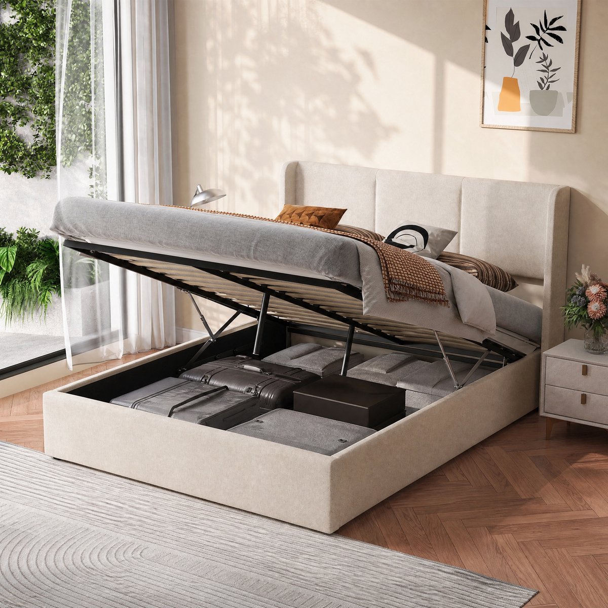 Opbergbed 160x200 cm - Beige Bedframe in Linnen Look - Tweepersoonsbed met Hydraulisch Opbergsysteem en Ruime Opbergruimte