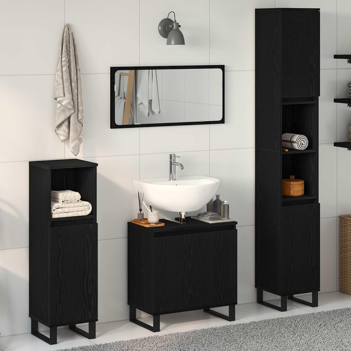 Badkamermeubelset 3 st. Zwart eiken look houtmateriaal met metalen poten