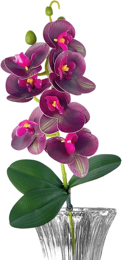 Kunstbloemen, decoratieve vaas met kunstorchideeën Phalaenopsis met 3 bladeren, arrangement met zeven kunstorchideeën, voor thuis, woonkamer, slaapkamer, badkamer, rustieke stijl, outdoor, bruiloft