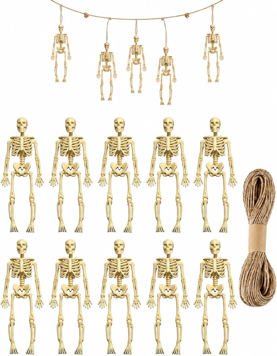 10 x mini-skeletdecoratie met 5 m ophangkoord, Halloween-decoratie, ruimtebesparende figuren voor feest en huis, moeiteloze montage en onmiddellijke regensfeer