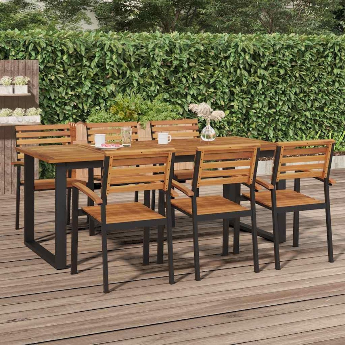 Massief acaciahout 200x90x75 cm U-vormige poten stevige eettafel voor buiten terras tuinmeubel industrieel design eetkamer
