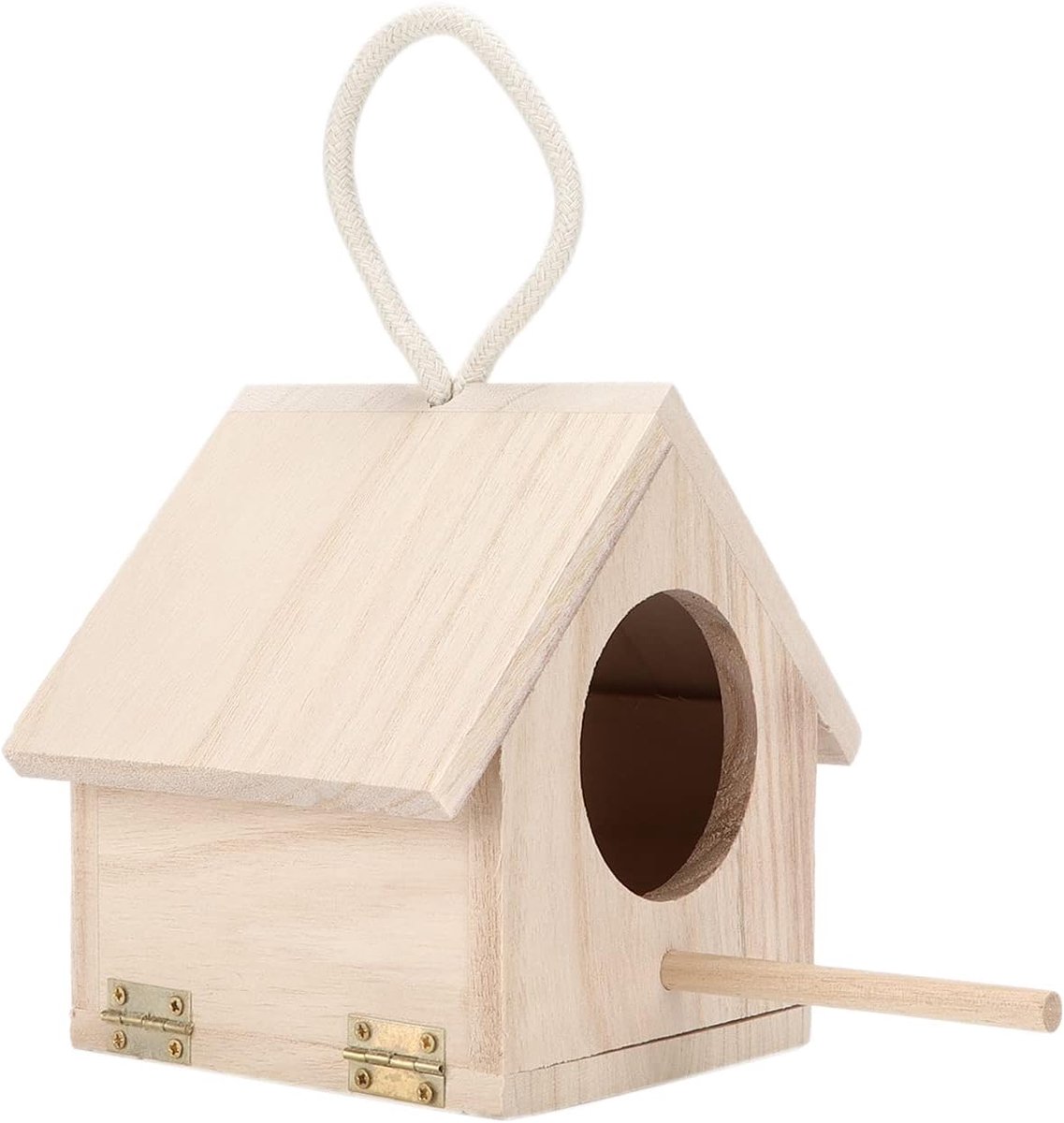 Houten vogelhuis met zitstok Buiten hangend vogelhuis voor kleine vogels Tuin Balkon Decoratie Grenenhout Henneptouw 15,5x12x14,5cm
