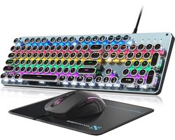 Stijl Mechanisch Gaming Toetsenbord Blauwe Schakelaar, Regenboog LED Backlit Bedrade Computer Toetsenborden Muis en Pad Combo, Metalen Panel Retro Punk Ronde Keycaps, 104 Toetsen
