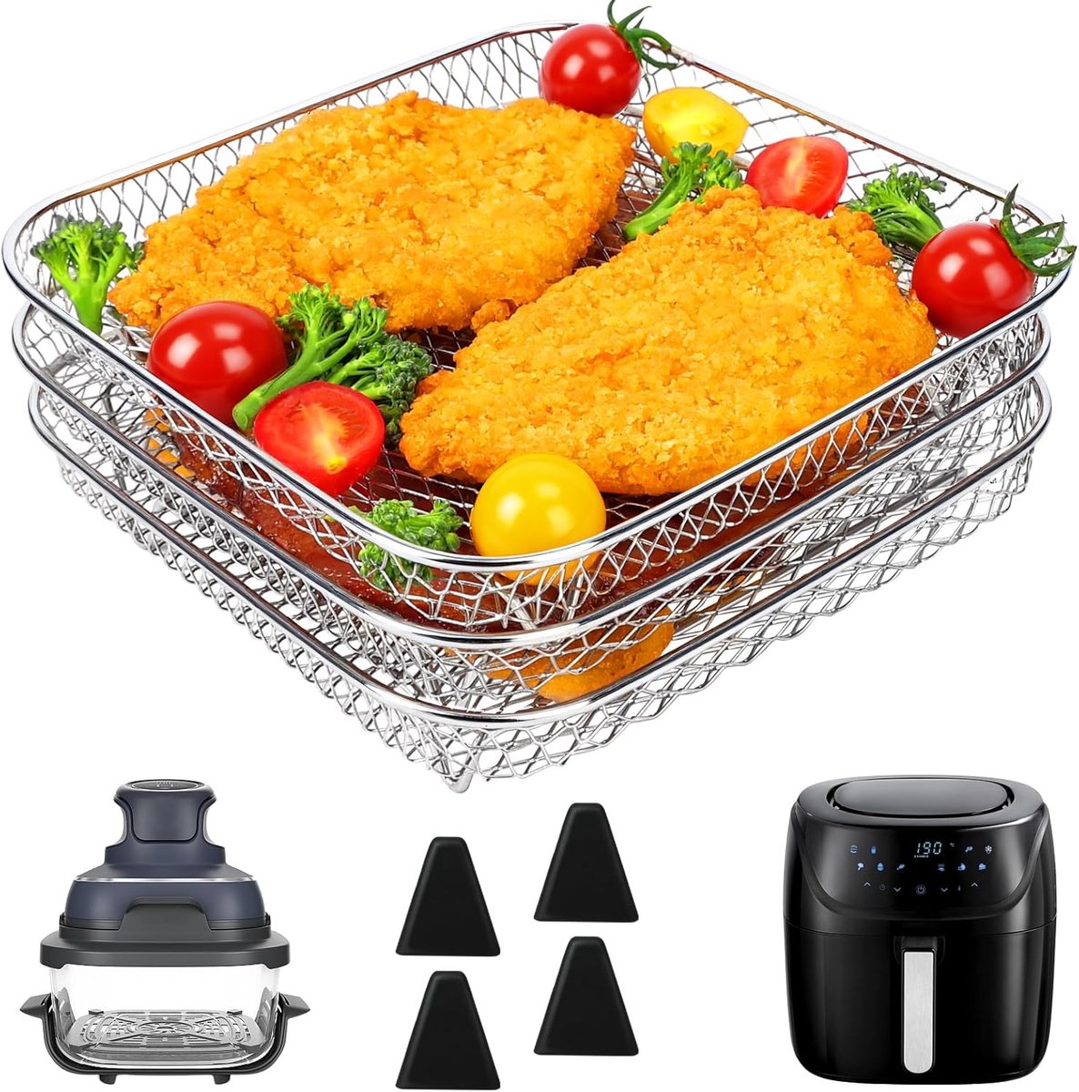 Airfryer-accessoires voor Russell Hobbs 4L / Ninja PRO 4,7L AF140EU & AF180EU heteluchtfriteuse, airfryerrek / rooster, vierkante stapelbare manden voor heteluchtfriteuse, accessoires voor Air Fryer