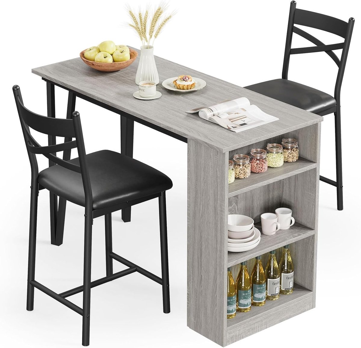 Bartafelset, 3-delig, inklapbaar, met 2 barkrukken en 3 zijplanken, bartafel met barkruk, set, eettafel, keukentafel, zitgroep, industrieel voor eetkamer, keuken, woonkamer, grijs