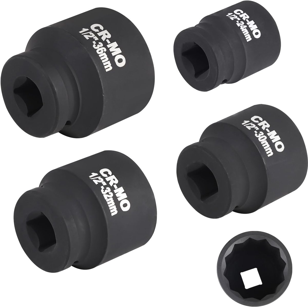 4 stuks 1/2 inch veeltand doppendoos 24/30/32/36 mm, 12-kant dopsleutelset, chroom-vanadium-staal veeltand dopset, dopspannerset