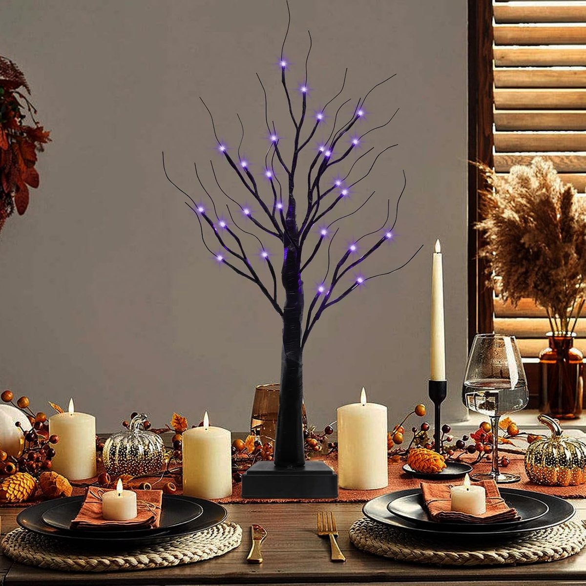 68 cm Halloween spookachtige boom, zwarte spookachtige boom met 24 LED paars en oranje lichten zwart berk voor binnen Halloween thuis open haard tafel vakantie decor