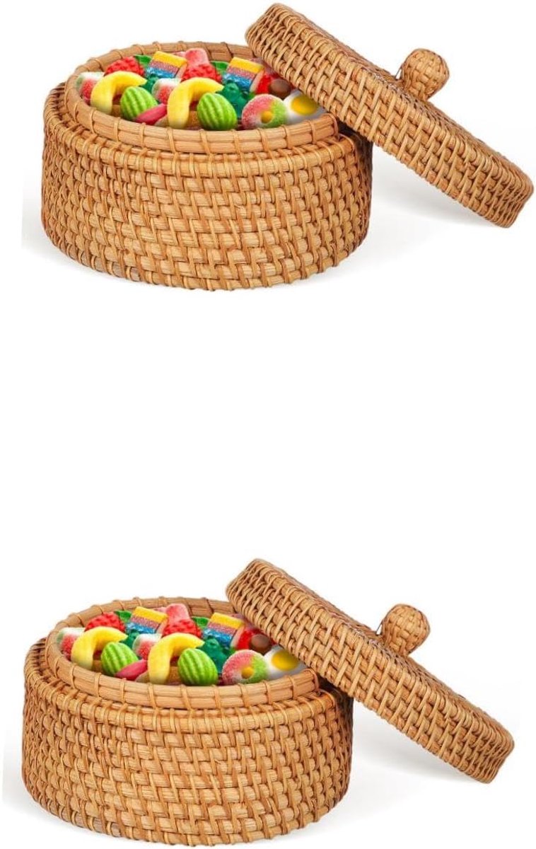 2stuks Handgeweven Rieten Opbergmand Met Deksel Natuurlijke Snackopslagdoos Voor Woonkamer Slaapkamer Kantoor Elegant Functioneel Handgemaakt Rattan Mand
