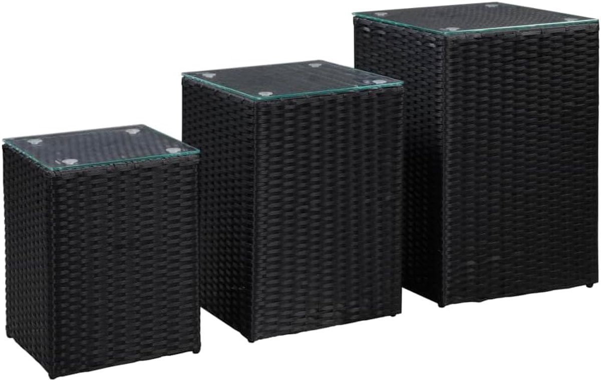 Bijzettafel, kantoor, bijzettafel, opbergtafel, bijzettafels, 3 stuks, met glasplaat, zwart, polyrotan, geschikt voor woonkamer, slaapkamer, werkkamer
