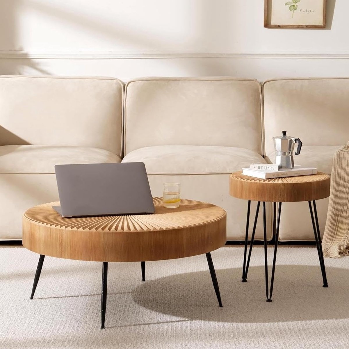 Rond hout, set van 2 koffietafels in lineair ontwerp, 77 cm en 40 cm